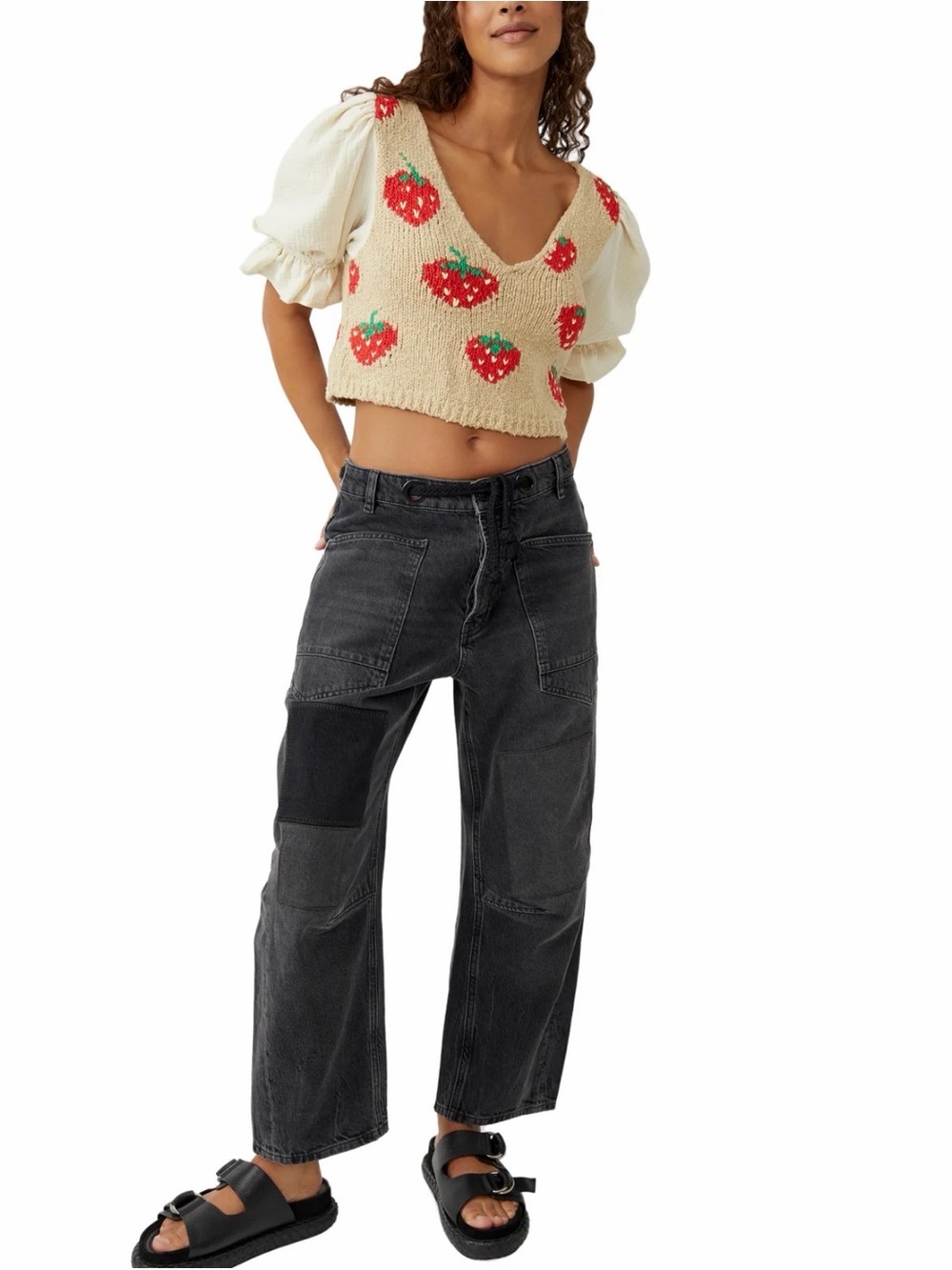 FREE PEOPLE ~ STRAWBERRY JAM Knit Crop Top L Large Sweater Puffed Gauze Sleeve - Picture 9 of 9